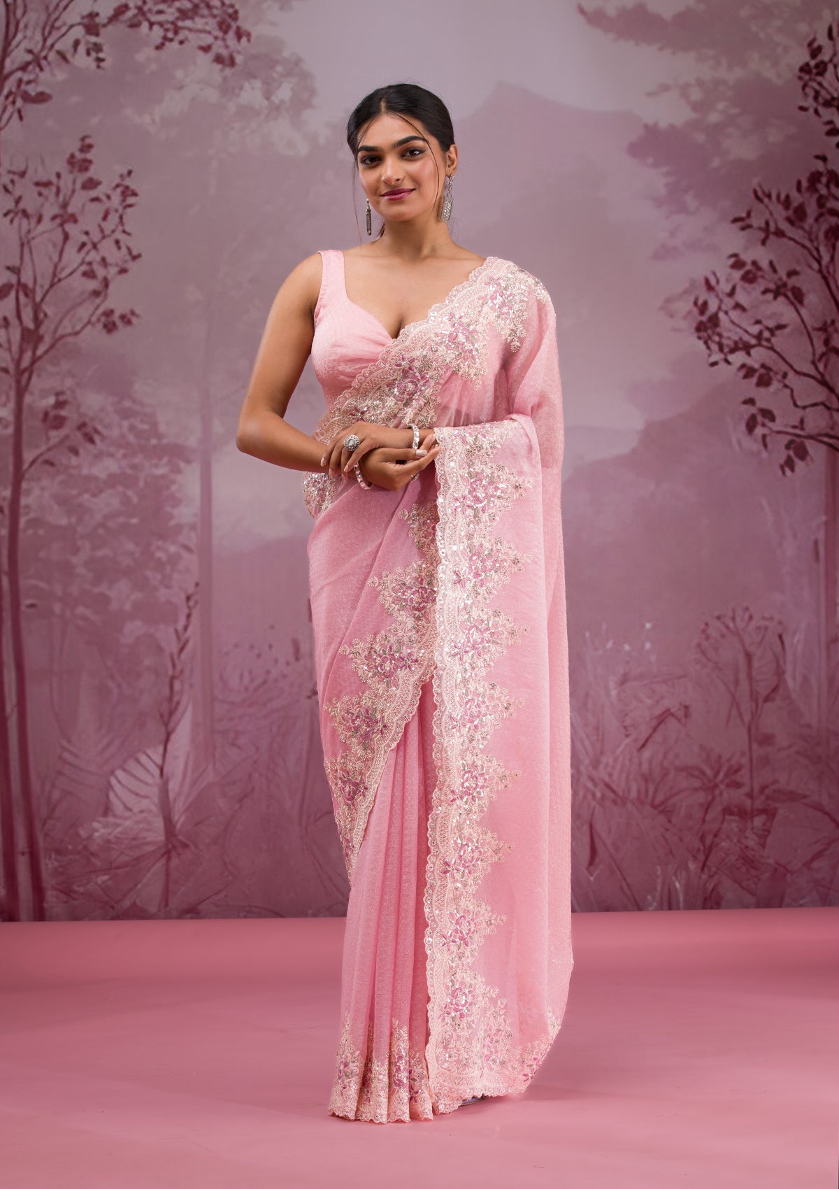 Baby Pink Threadwork Georgette Saree-Koskii