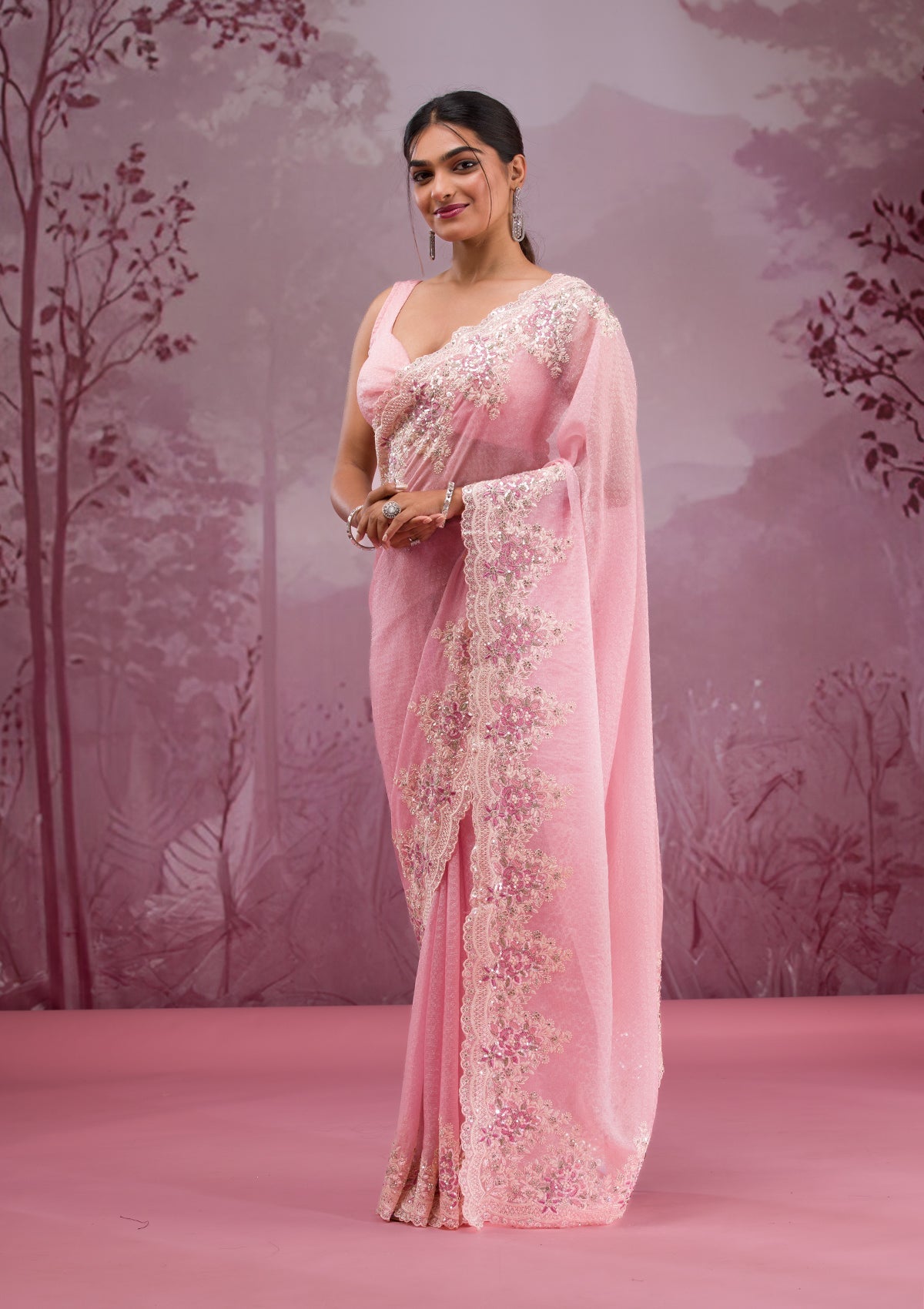 Baby Pink Threadwork Georgette Saree-Koskii