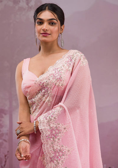 Baby Pink Threadwork Georgette Saree-Koskii