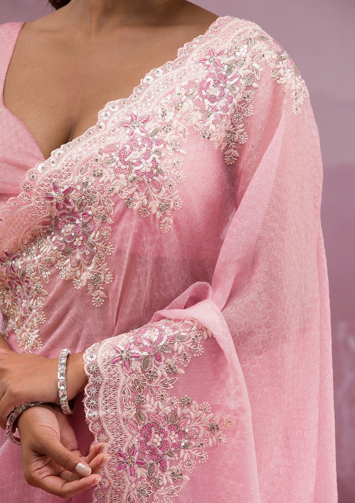 Baby Pink Threadwork Georgette Saree-Koskii