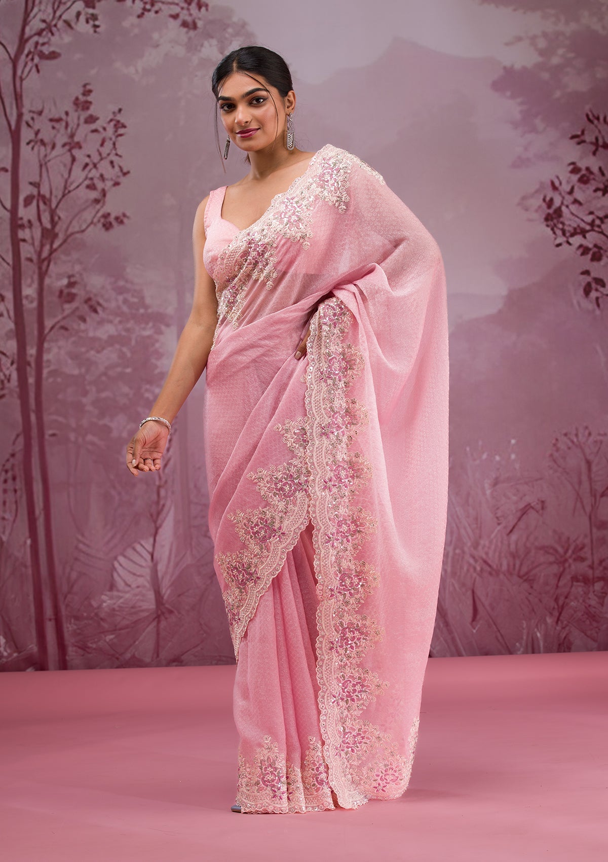 Baby Pink Threadwork Georgette Saree-Koskii