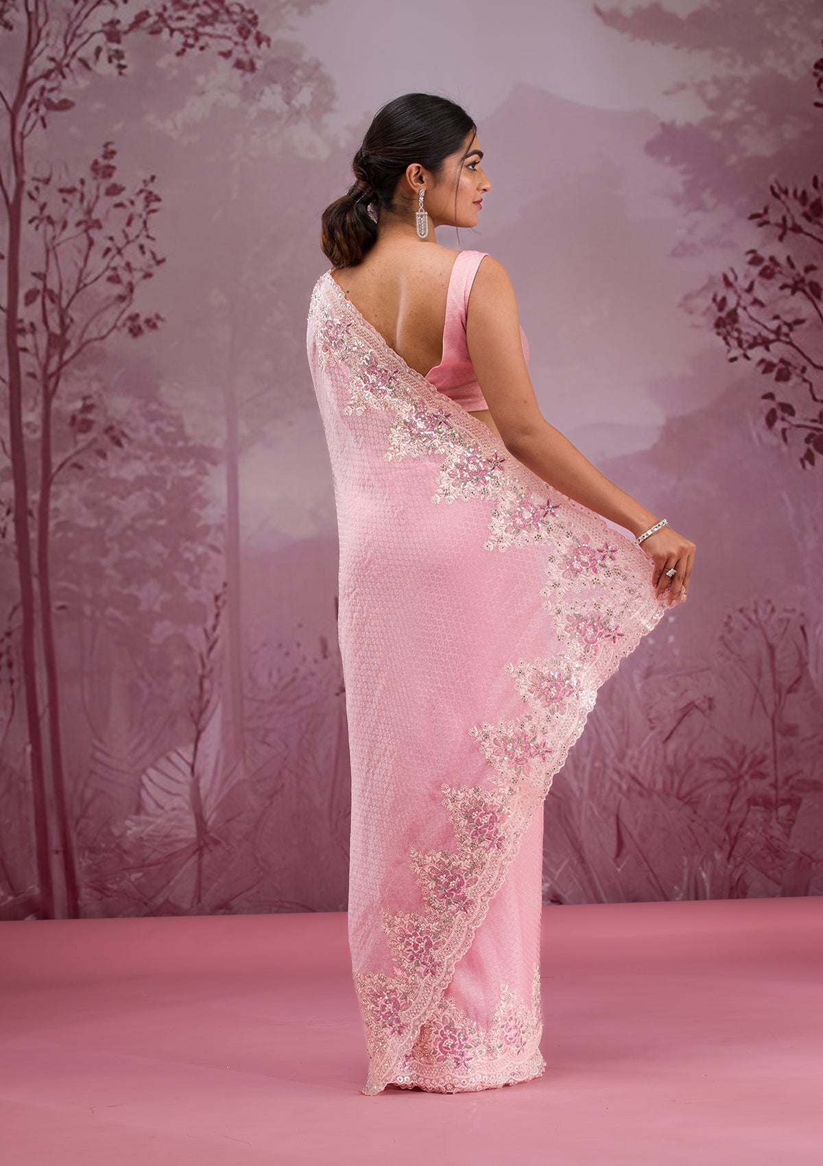 Baby Pink Threadwork Georgette Saree-Koskii