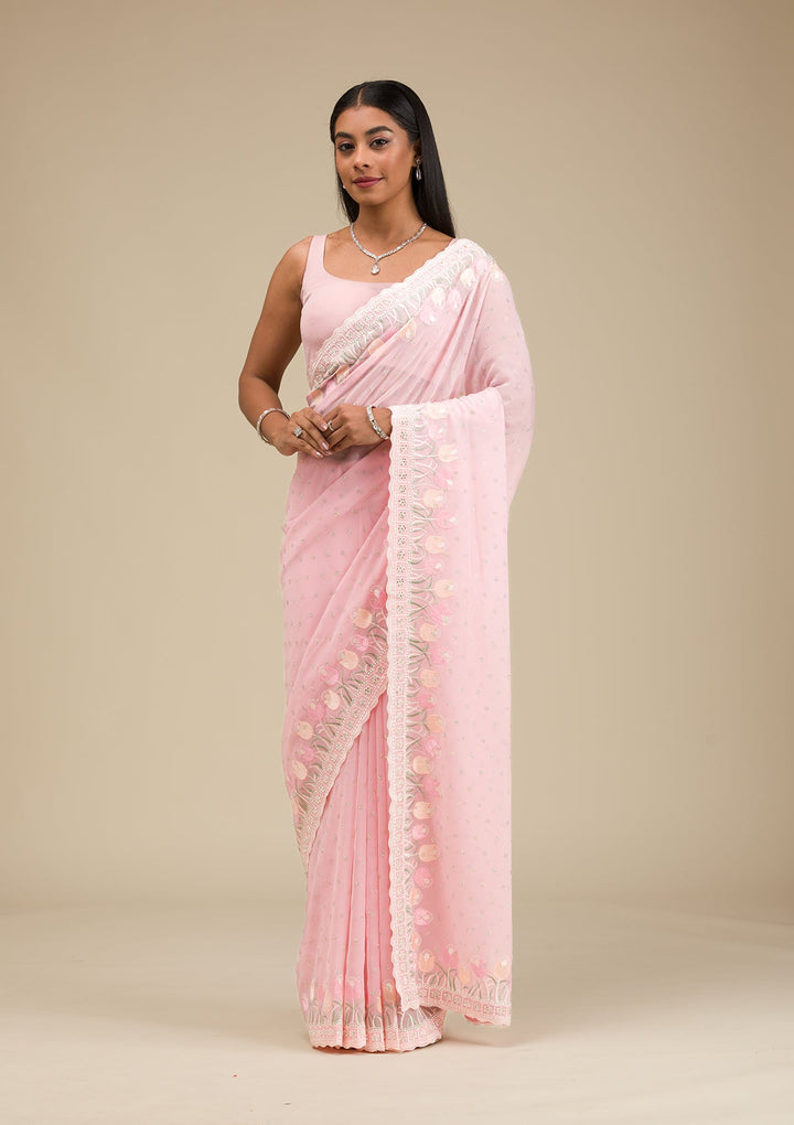 Baby Pink Threadwork Georgette Saree-Koskii