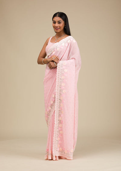 Baby Pink Threadwork Georgette Saree-Koskii