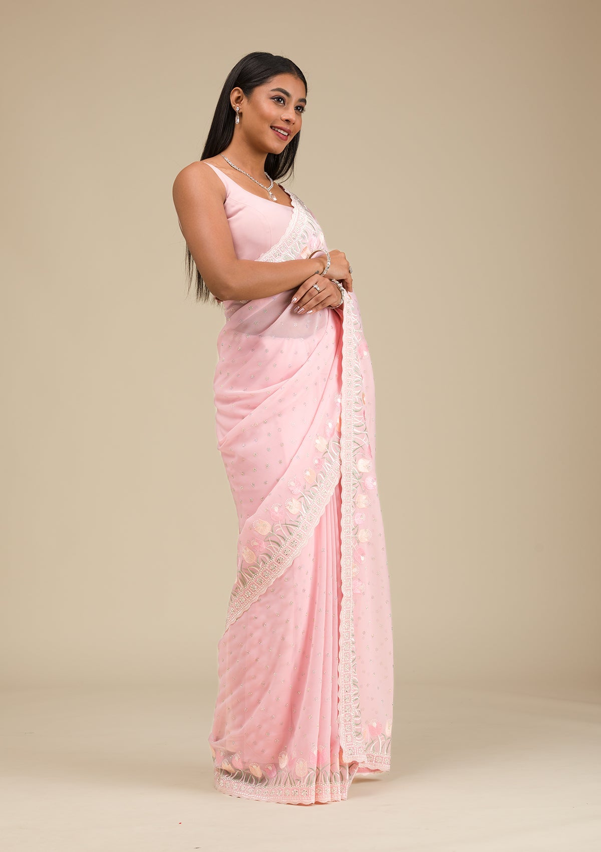 Baby Pink Threadwork Georgette Saree-Koskii