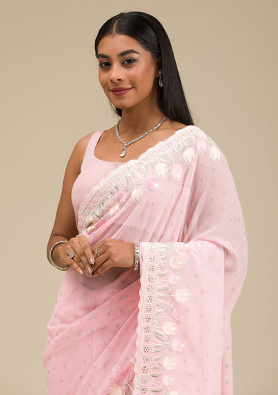 Baby Pink Threadwork Georgette Saree-Koskii