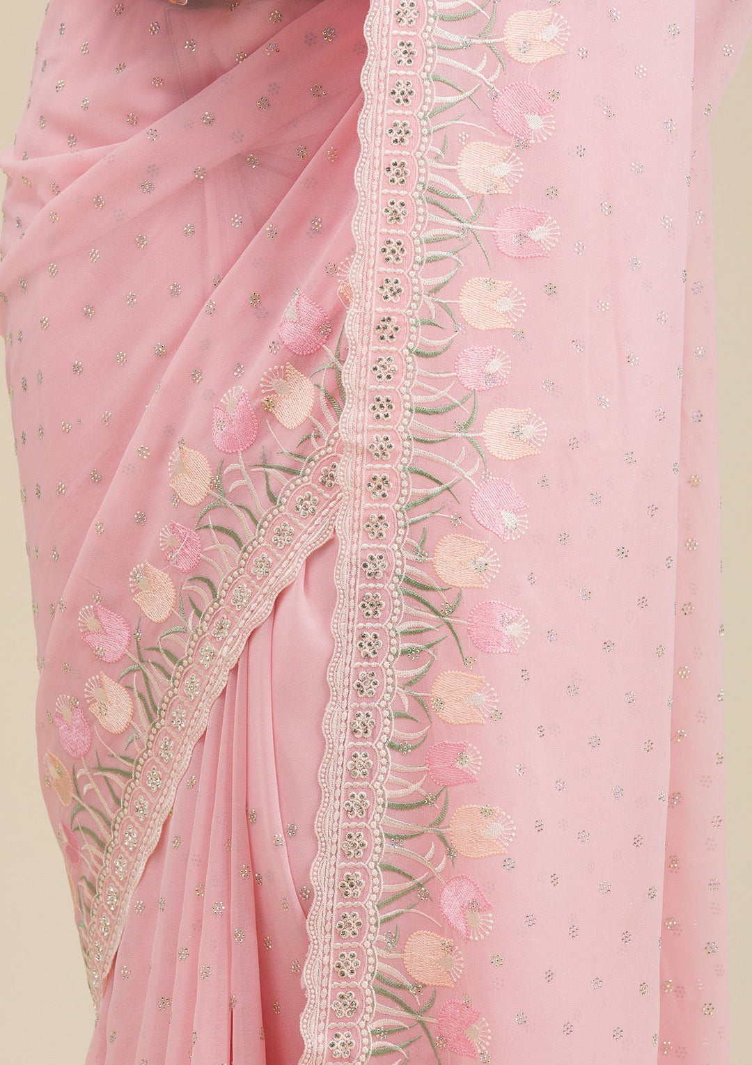 Baby Pink Threadwork Georgette Saree-Koskii