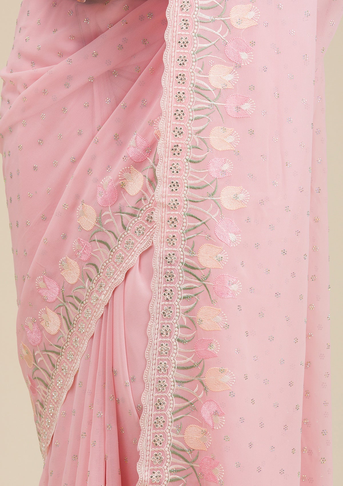 Baby Pink Threadwork Georgette Saree-Koskii