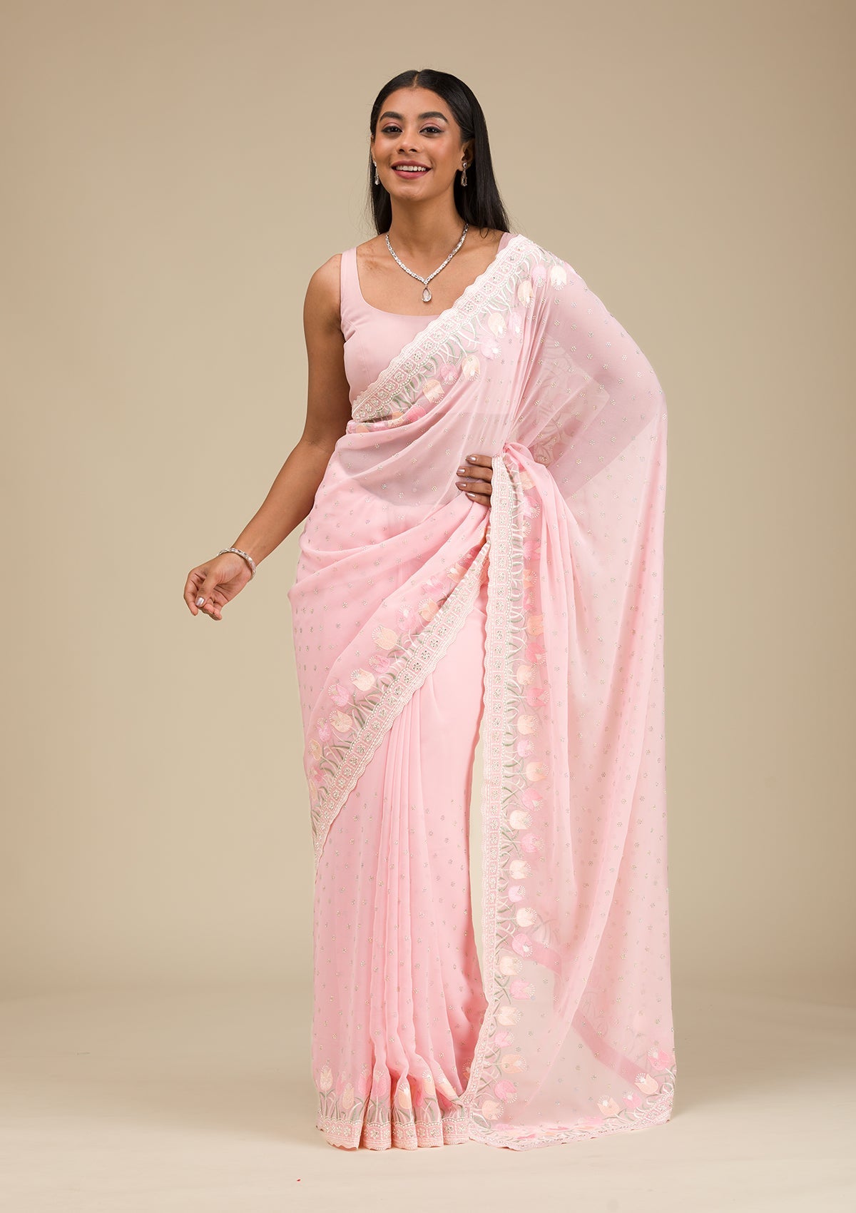 Baby Pink Threadwork Georgette Saree-Koskii