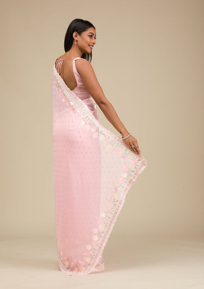 Baby Pink Threadwork Georgette Saree-Koskii