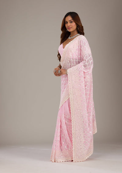 Baby Pink Threadwork Georgette Saree-Koskii