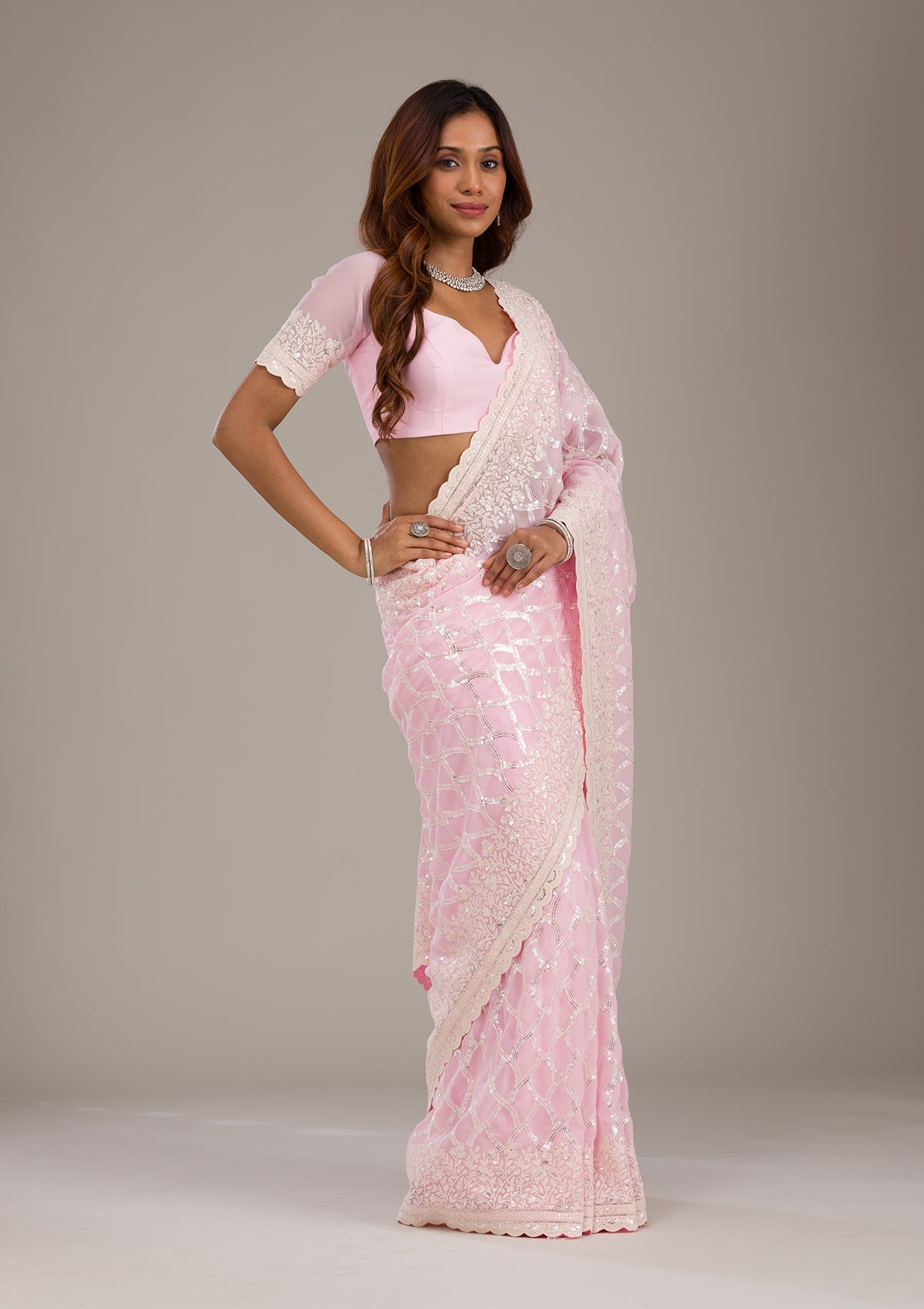 Baby Pink Threadwork Georgette Saree-Koskii