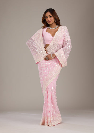 Baby Pink Threadwork Georgette Saree-Koskii