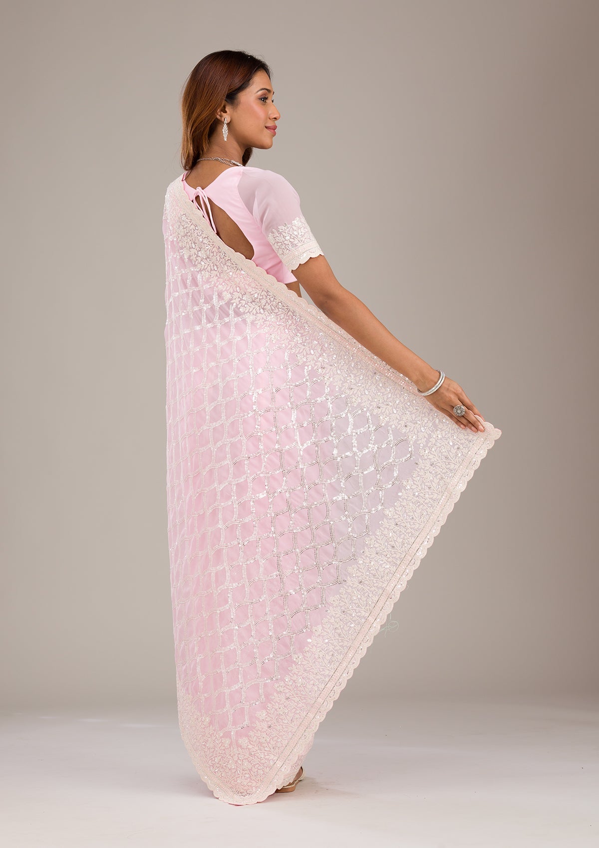 Baby Pink Threadwork Georgette Saree-Koskii