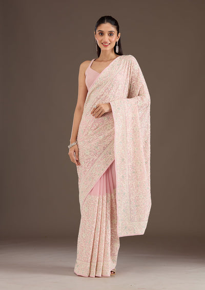 Baby Pink Threadwork Georgette Saree-Koskii