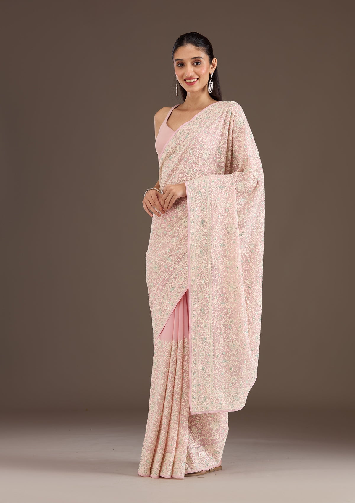 Baby Pink Threadwork Georgette Saree-Koskii