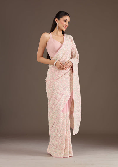 Baby Pink Threadwork Georgette Saree-Koskii