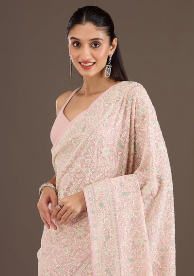 Baby Pink Threadwork Georgette Saree-Koskii