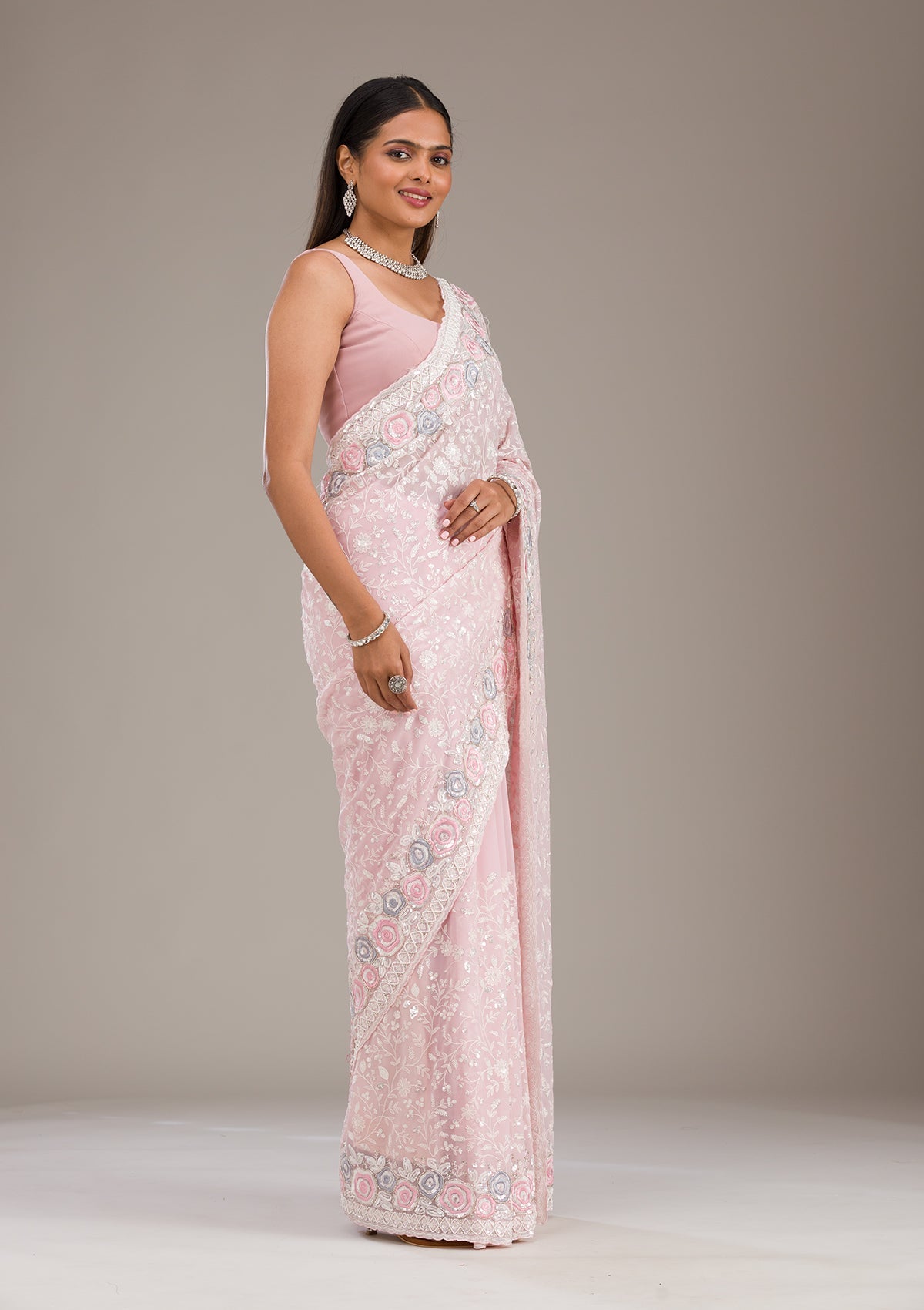 Baby Pink Threadwork Georgette Saree-Koskii