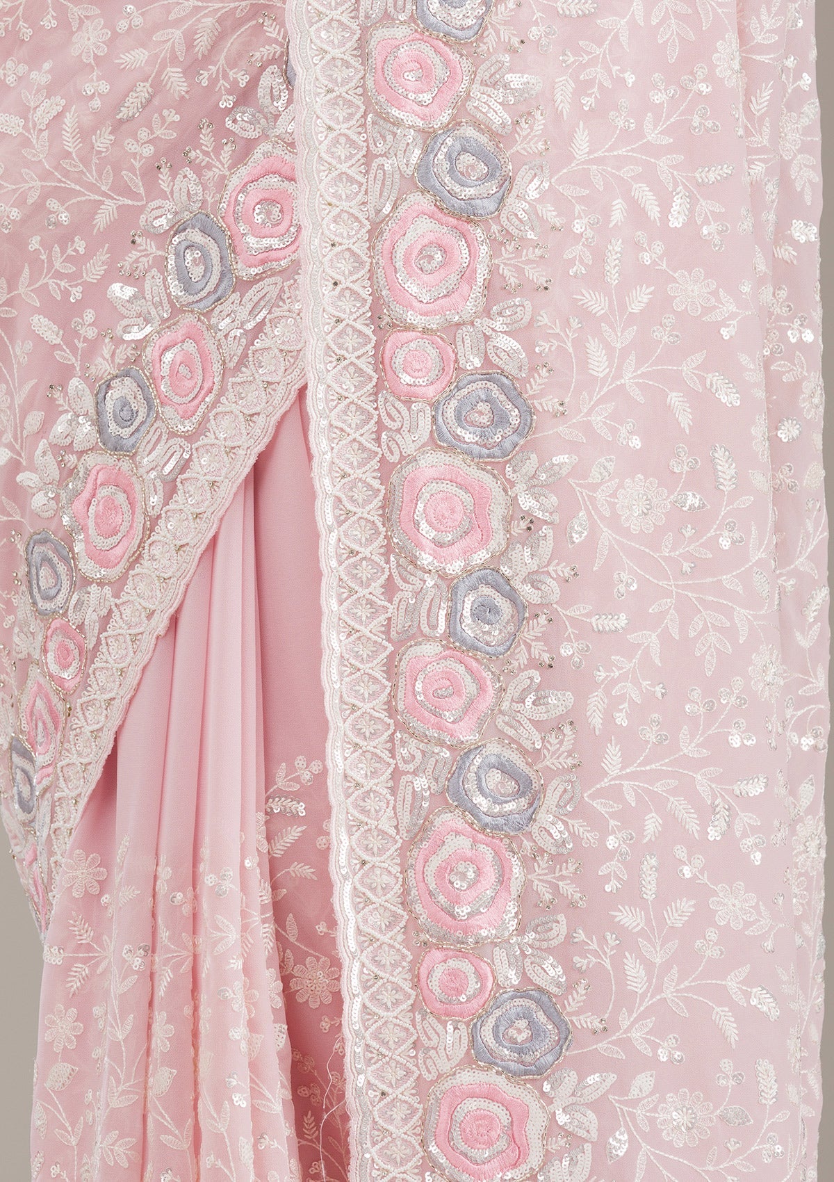 Baby Pink Threadwork Georgette Saree-Koskii