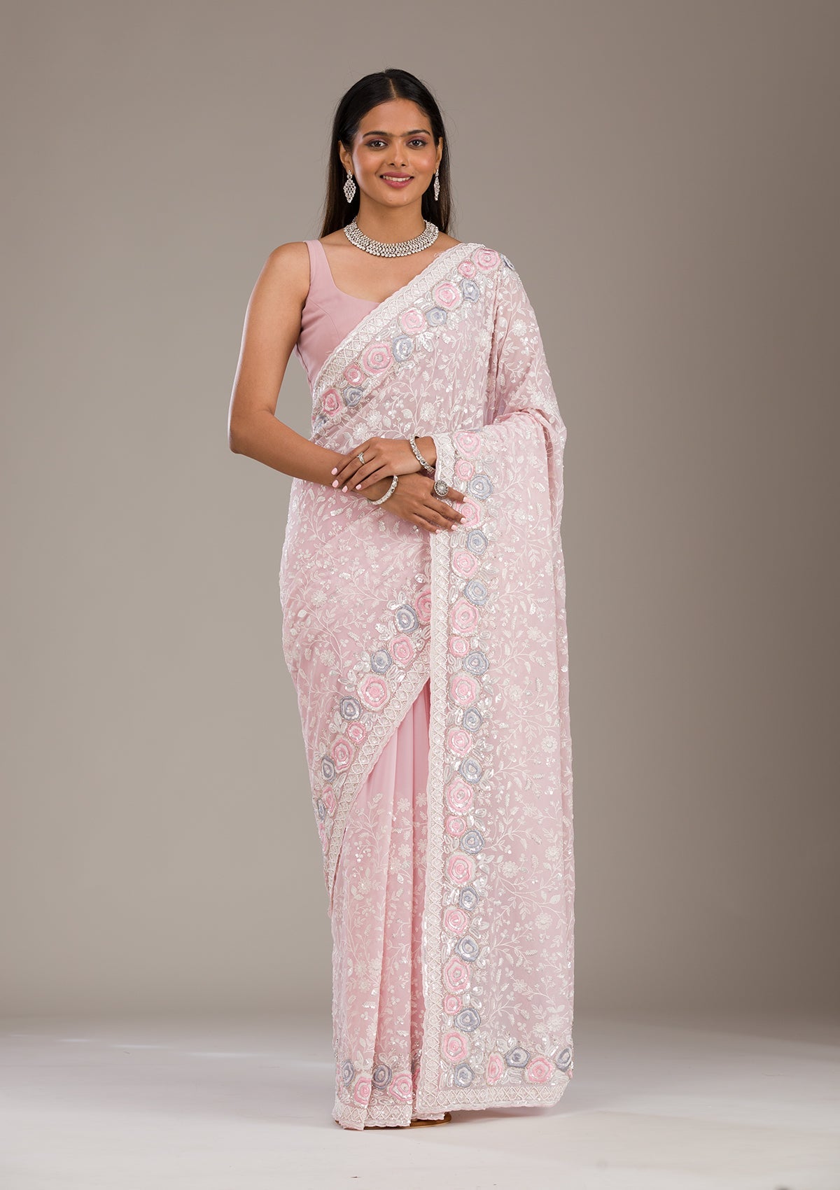 Baby Pink Threadwork Georgette Saree-Koskii