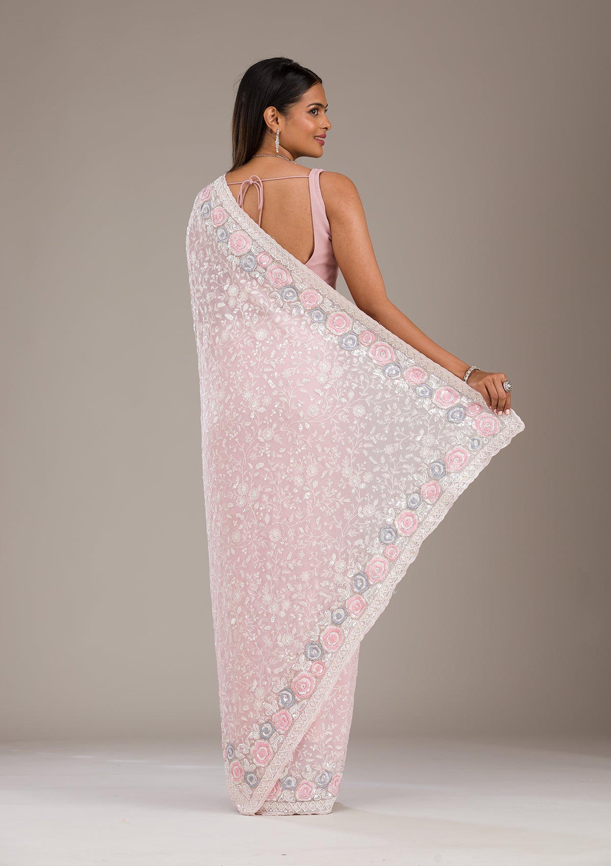 Baby Pink Threadwork Georgette Saree-Koskii