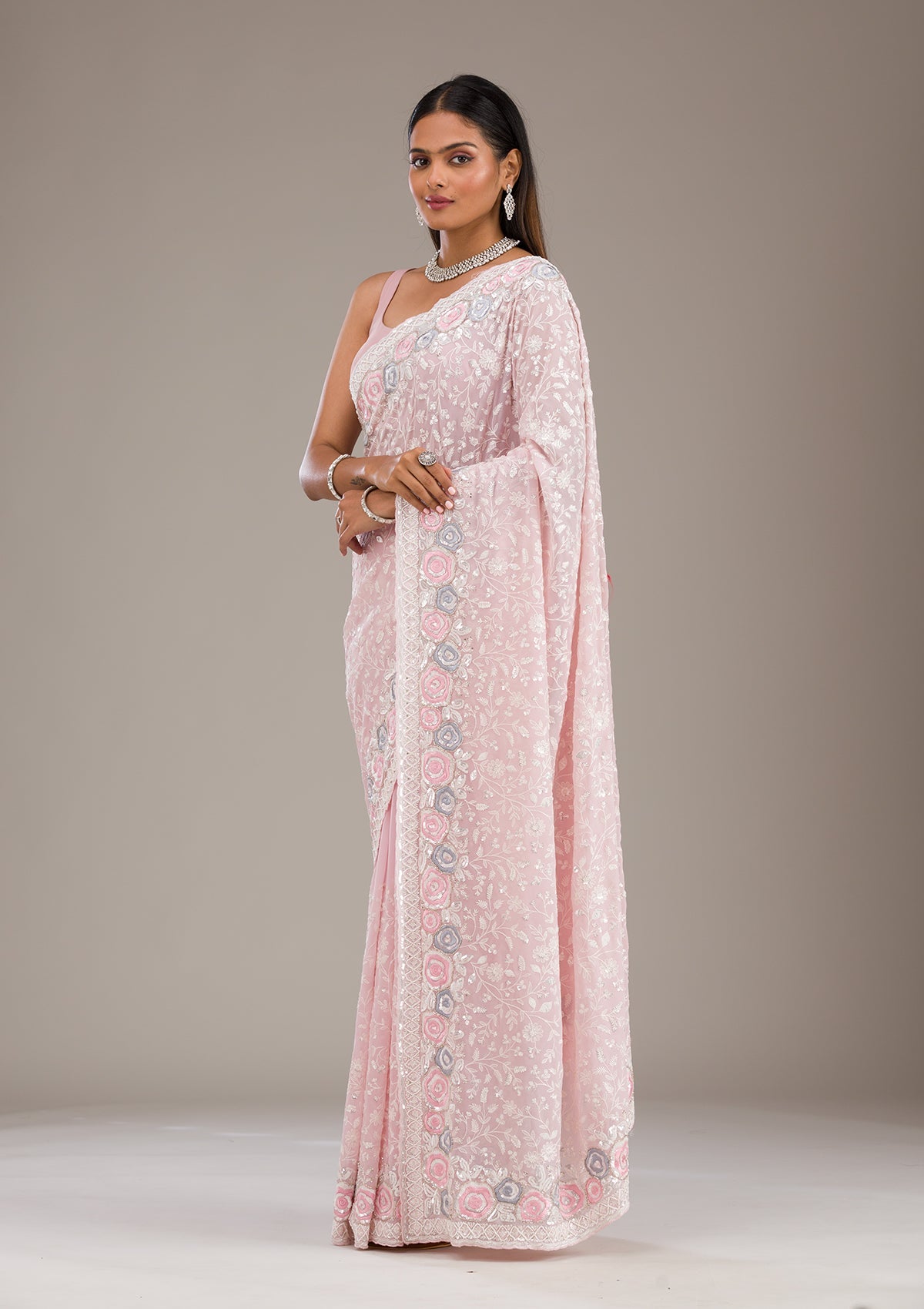 Baby Pink Threadwork Georgette Saree-Koskii