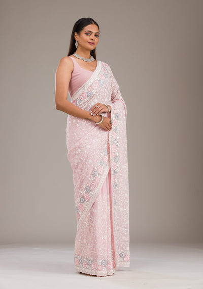 Baby Pink Threadwork Georgette Saree-Koskii