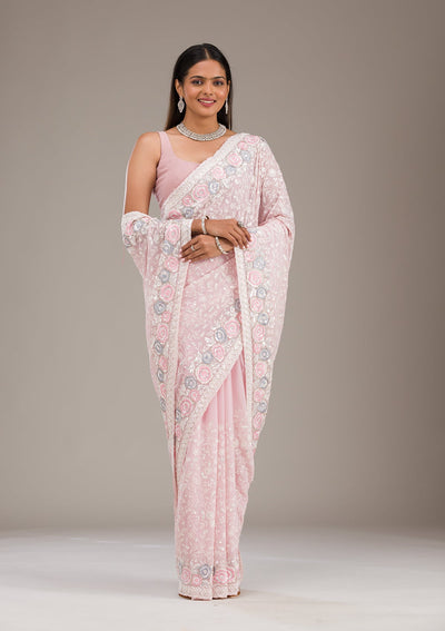 Baby Pink Threadwork Georgette Saree-Koskii