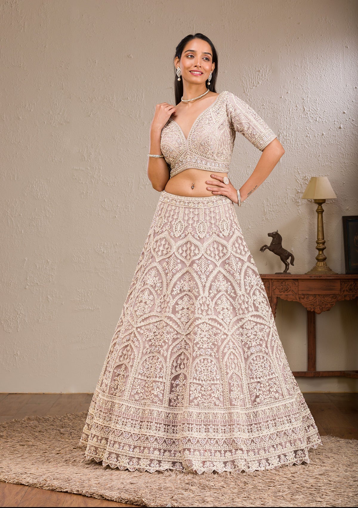 Baby Pink Threadwork Net Readymade Lehenga-Koskii