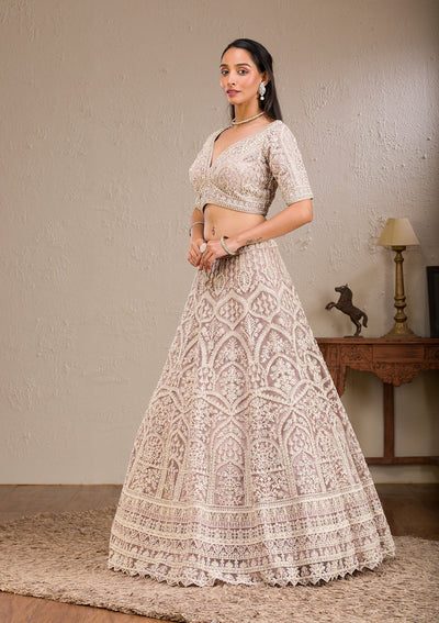 Baby Pink Threadwork Net Readymade Lehenga-Koskii