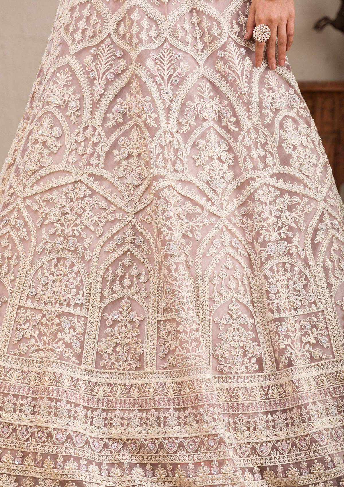 Baby Pink Threadwork Net Readymade Lehenga-Koskii