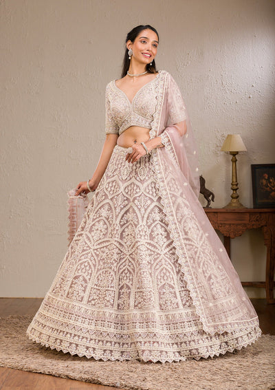 Baby Pink Threadwork Net Readymade Lehenga-Koskii