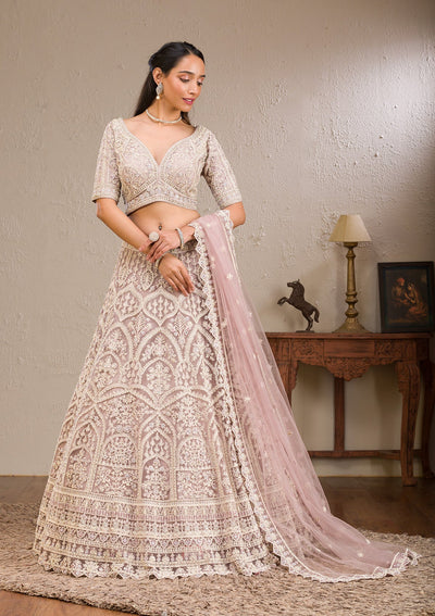 Baby Pink Threadwork Net Readymade Lehenga-Koskii