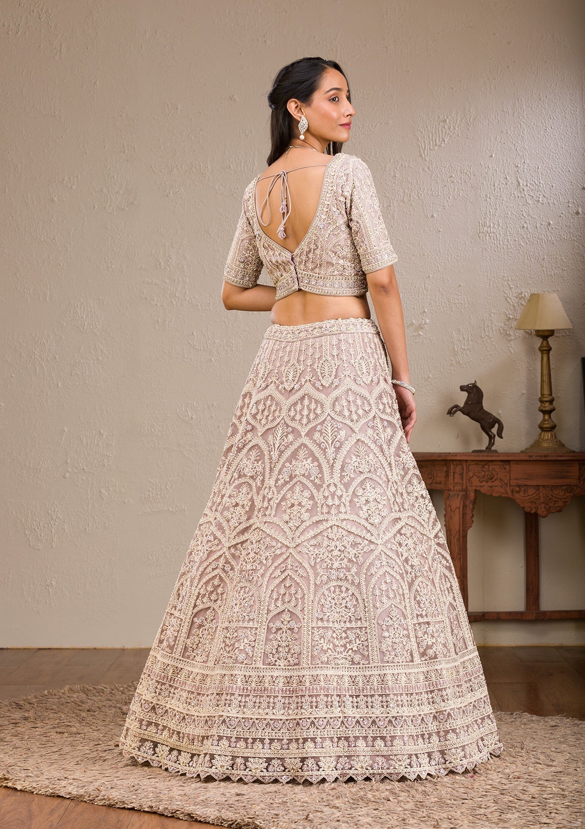 Baby Pink Threadwork Net Readymade Lehenga-Koskii