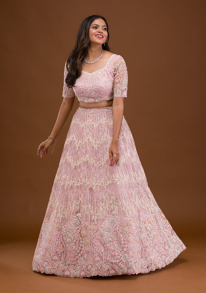 Baby Pink Threadwork Net Readymade Lehenga-Koskii