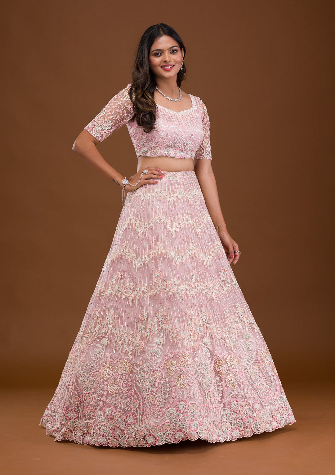 Baby Pink Threadwork Net Readymade Lehenga-Koskii