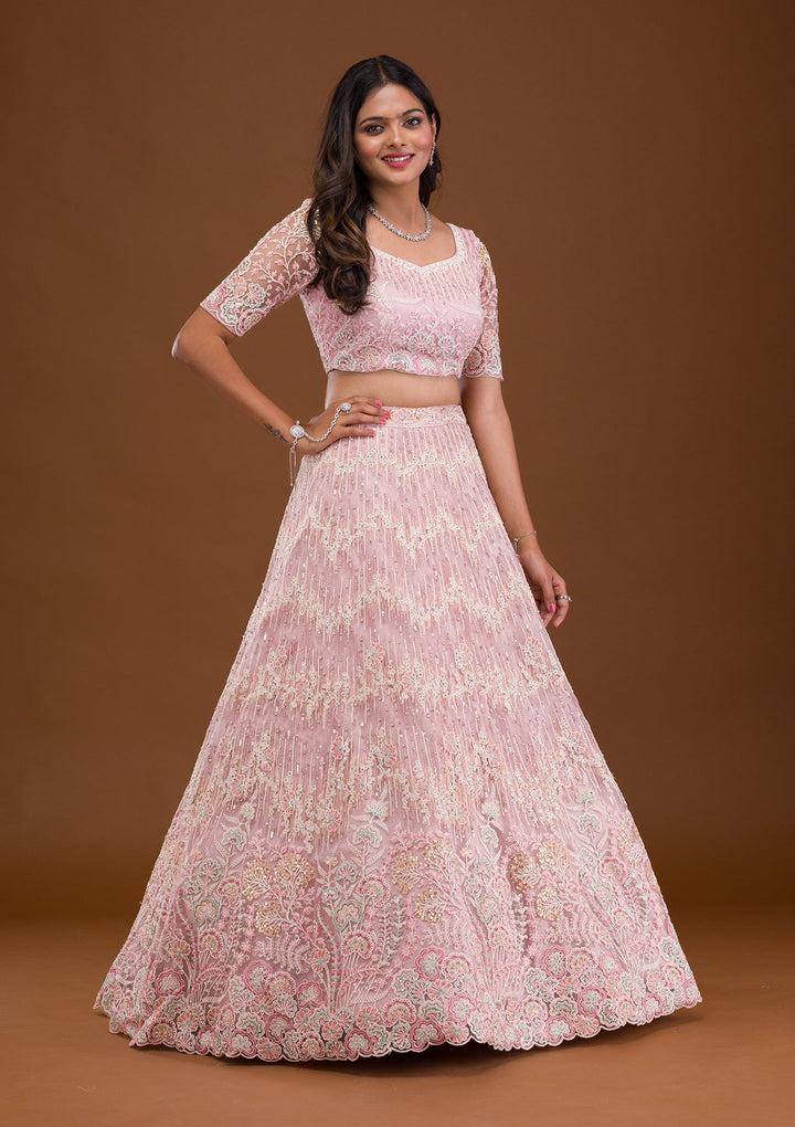 Baby Pink Threadwork Net Readymade Lehenga-Koskii