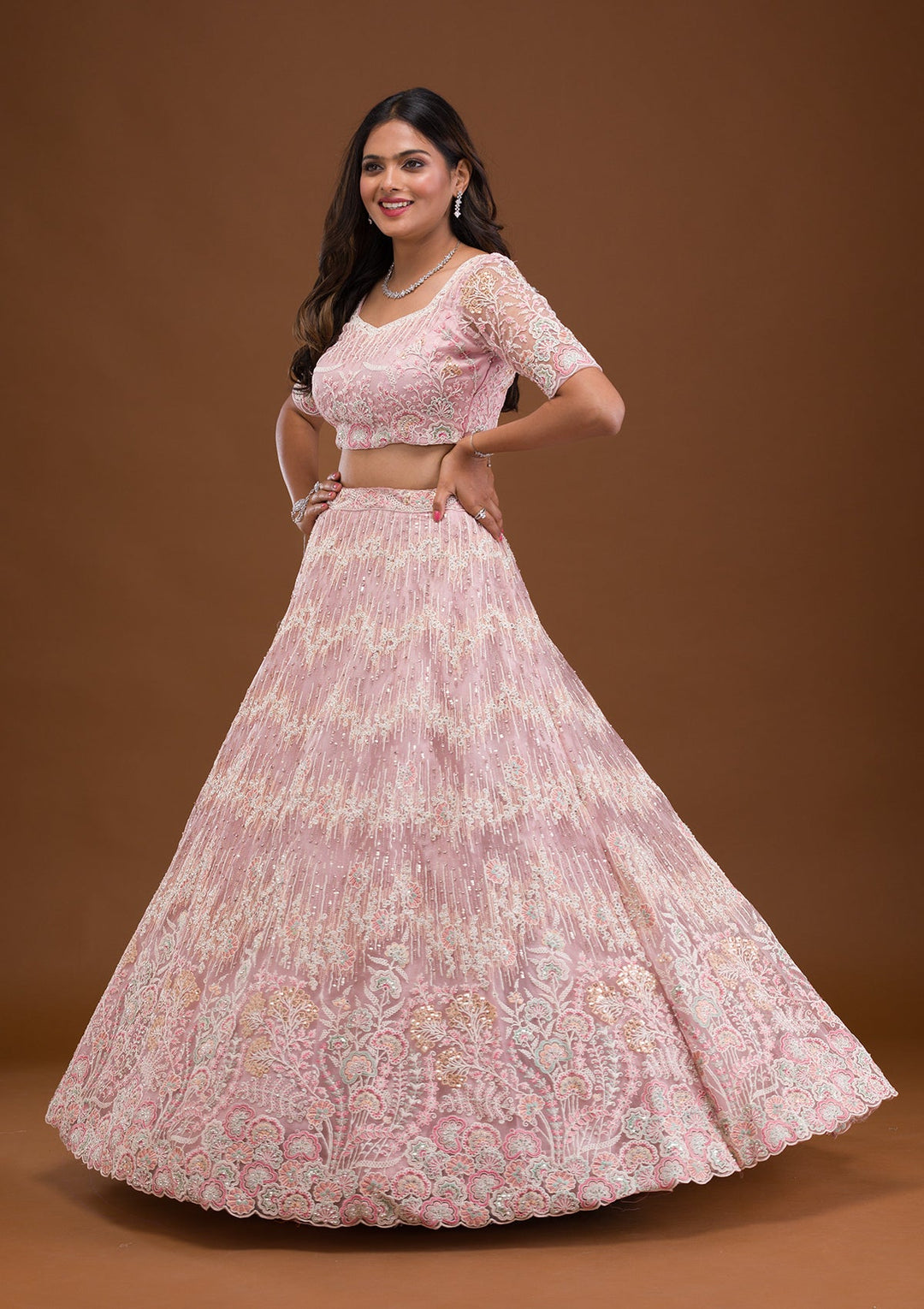 Baby Pink Threadwork Net Readymade Lehenga-Koskii