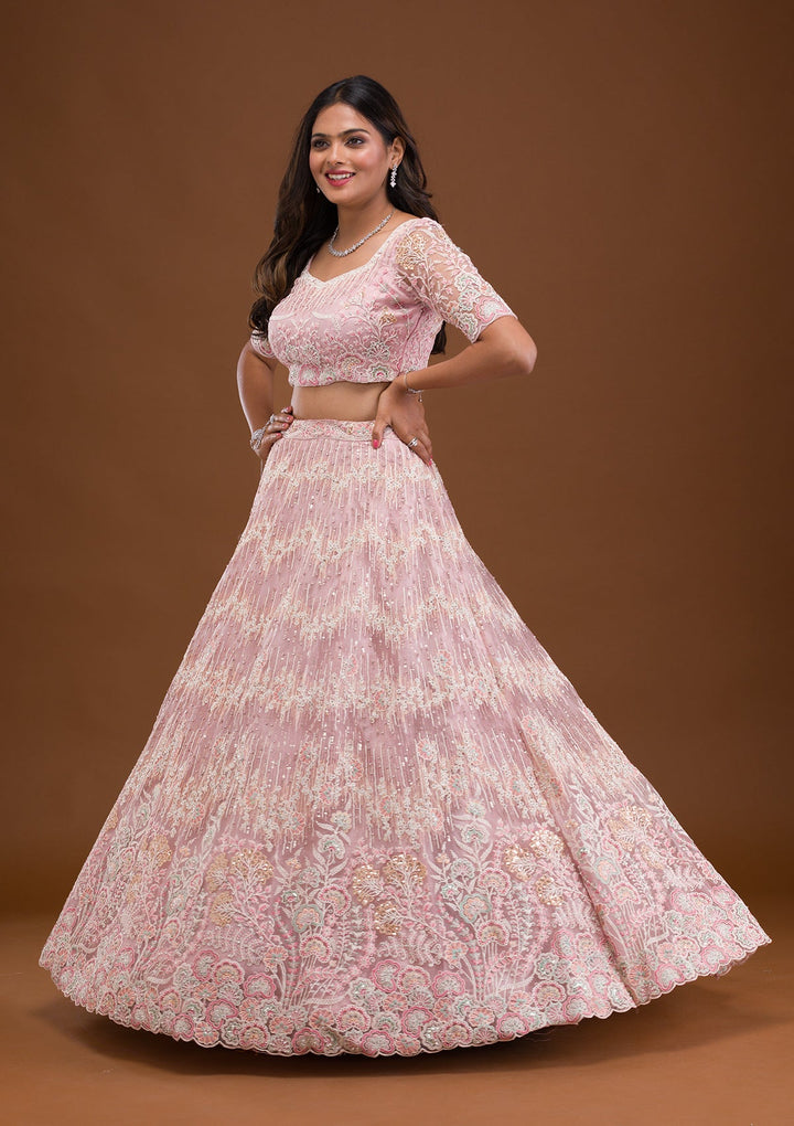 Baby Pink Threadwork Net Readymade Lehenga-Koskii