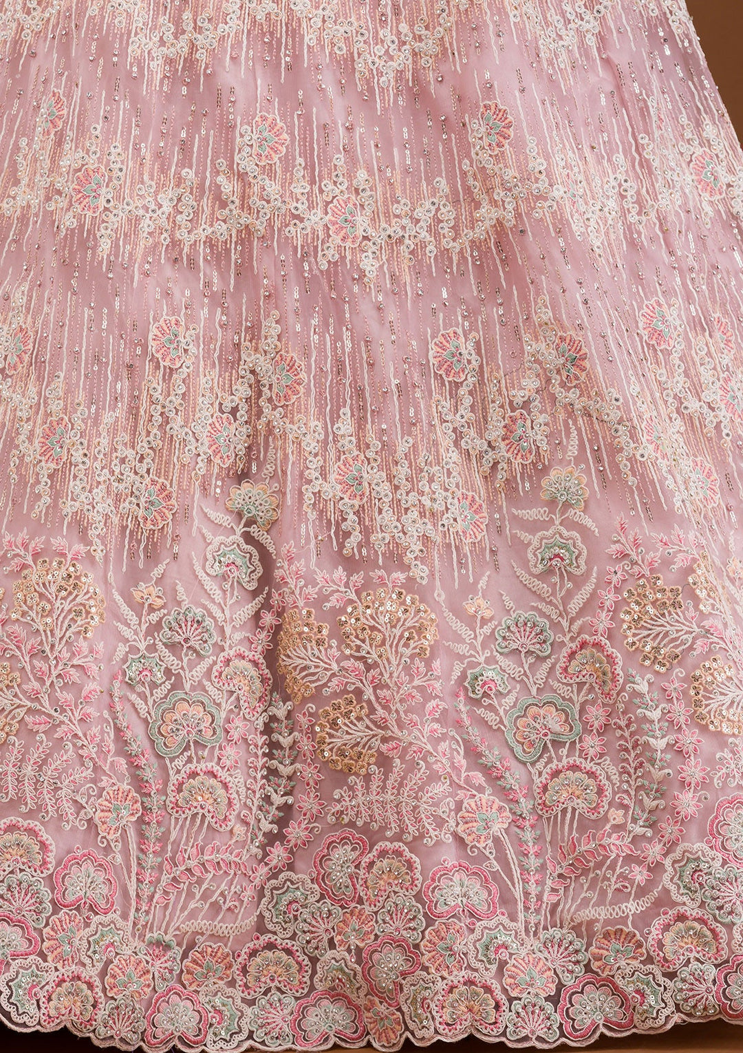 Baby Pink Threadwork Net Readymade Lehenga-Koskii