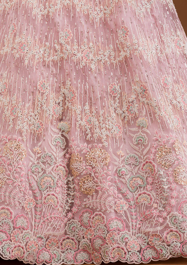 Baby Pink Threadwork Net Readymade Lehenga-Koskii