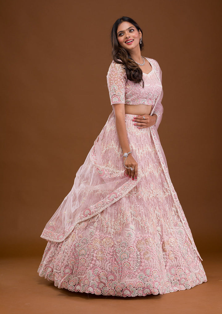 Baby Pink Threadwork Net Readymade Lehenga-Koskii