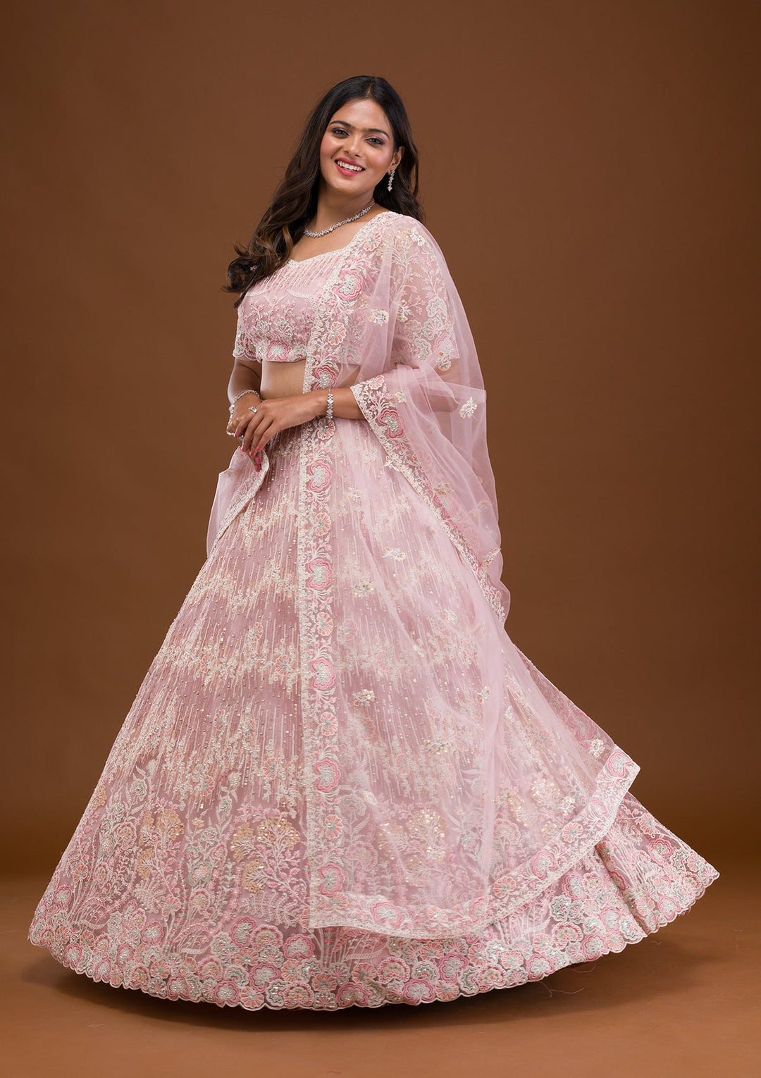 Baby Pink Threadwork Net Readymade Lehenga-Koskii