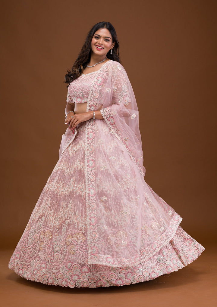 Baby Pink Threadwork Net Readymade Lehenga-Koskii