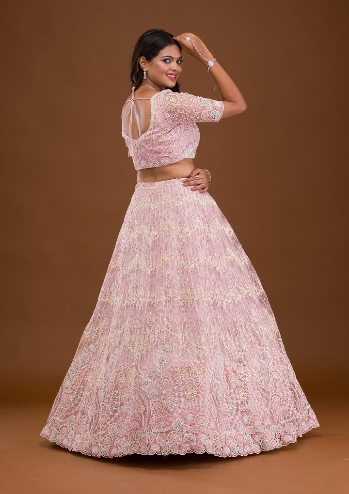 Baby Pink Threadwork Net Readymade Lehenga-Koskii
