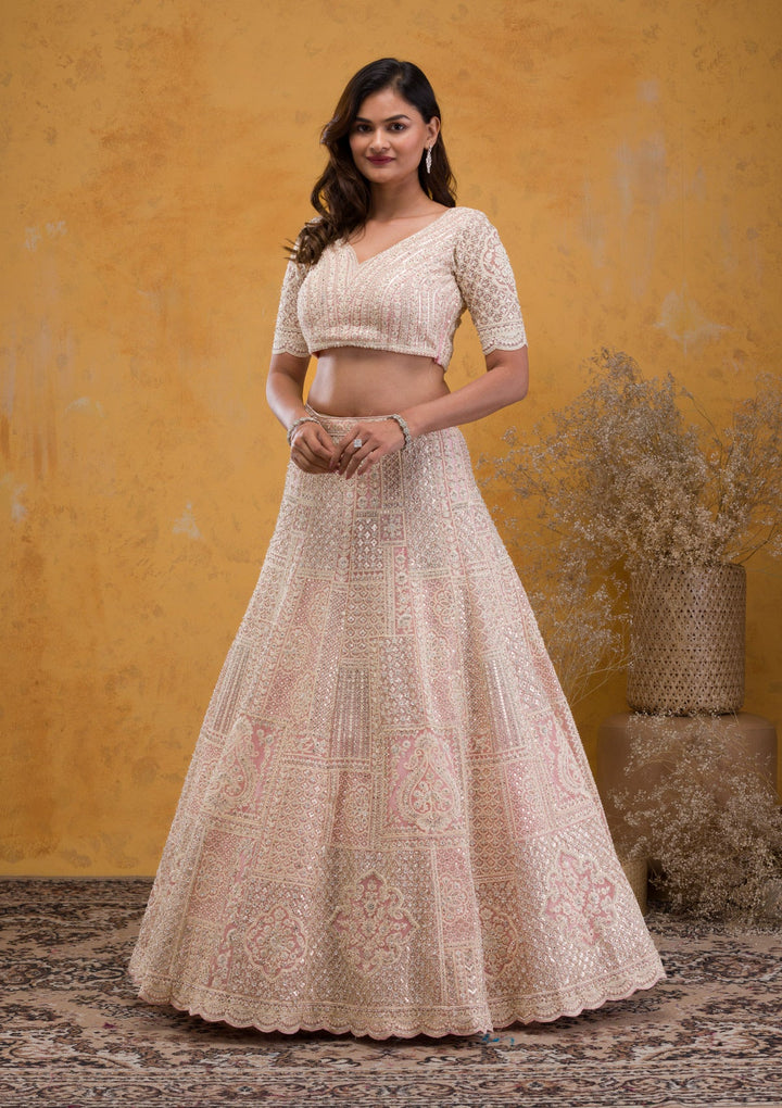 Baby Pink Threadwork Net Readymade Lehenga-Koskii