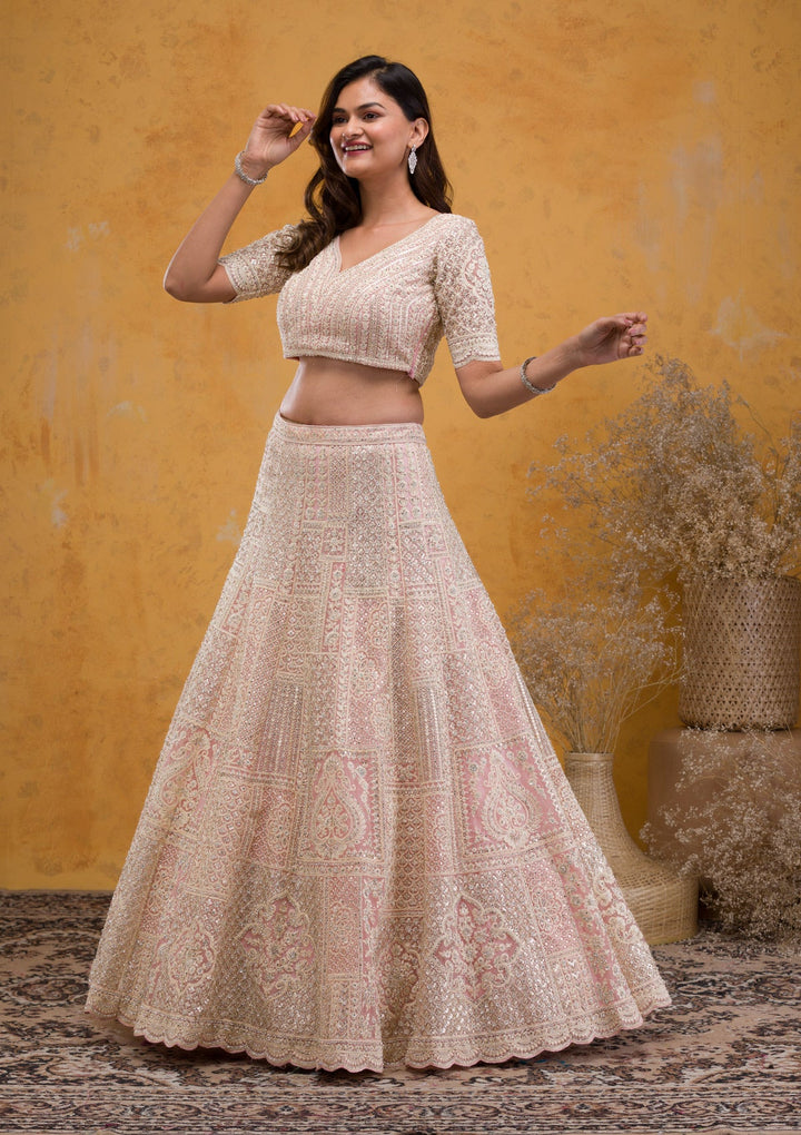 Baby Pink Threadwork Net Readymade Lehenga-Koskii