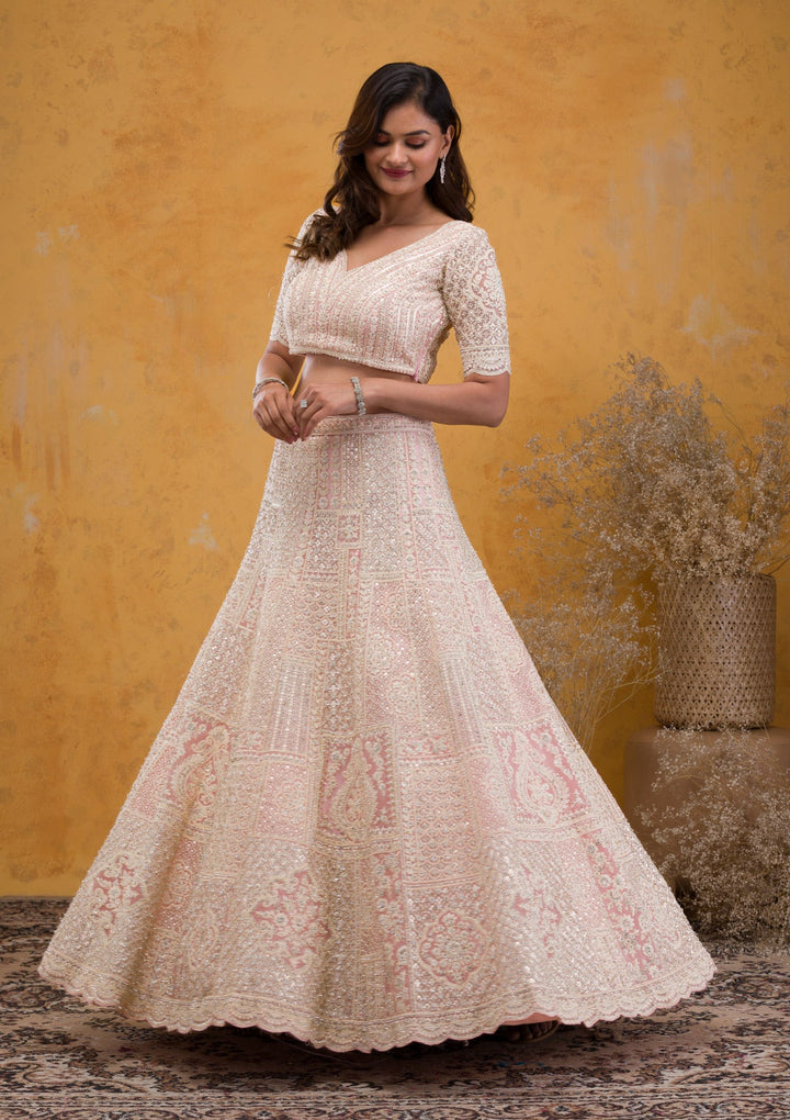 Baby Pink Threadwork Net Readymade Lehenga-Koskii