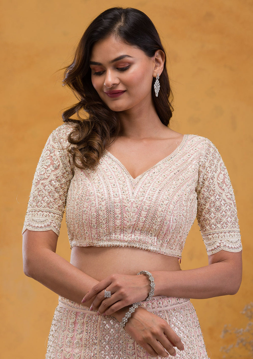Baby Pink Threadwork Net Readymade Lehenga-Koskii